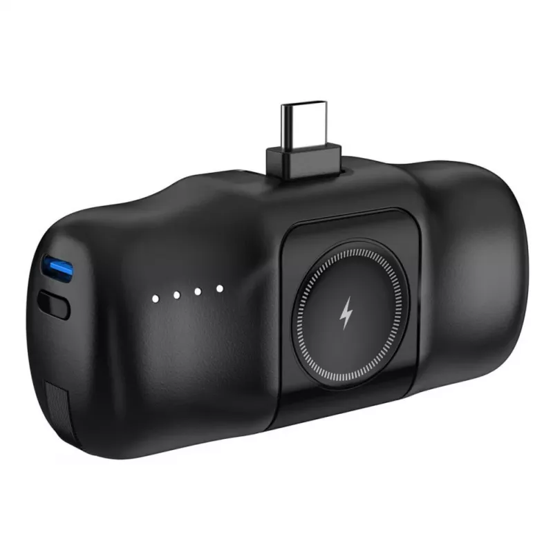 Mini Power Bank Wozinsky WF16-YCS 5000mAh 15W USB-C su įmontuotu USB-C laidu ir Apple Watch įkrovikliu - Juoda