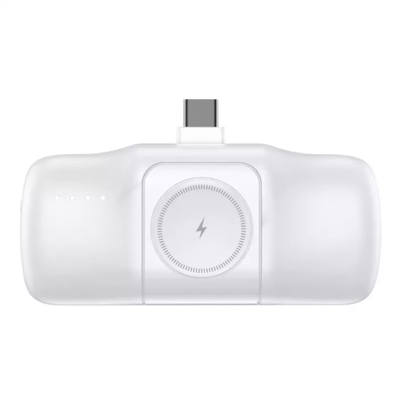 WOZINSKY WF16-YCS Mini Power Bank 5000mAh 15W USB-C su įmontuotu USB-C laidu ir Apple Watch įkrovikliu - Balta