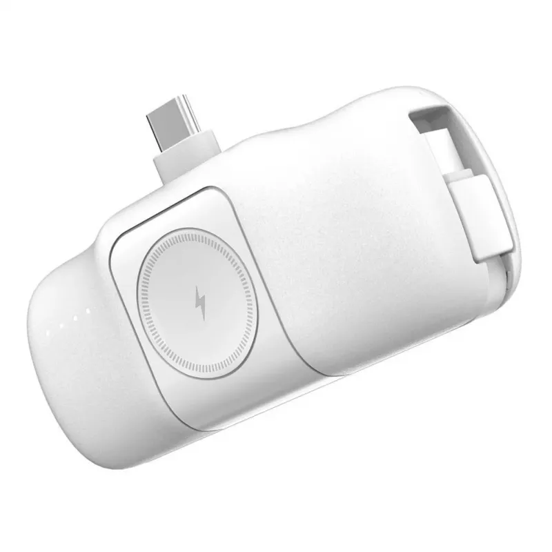 WOZINSKY WF16-YCS Mini Power Bank 5000mAh 15W USB-C su įmontuotu USB-C laidu ir Apple Watch įkrovikliu - Balta