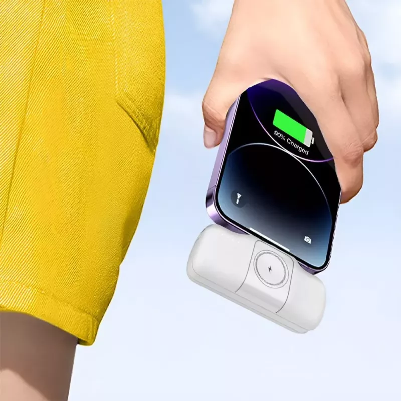 WOZINSKY WF16-YCS Mini Power Bank 5000mAh 15W USB-C su įmontuotu USB-C laidu ir Apple Watch įkrovikliu - Balta