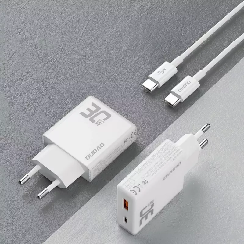 Dudao A30EU GaN 30W USB-C USB-A sieninis įkroviklis su USB-C į USB-C laidu 1m Baltas