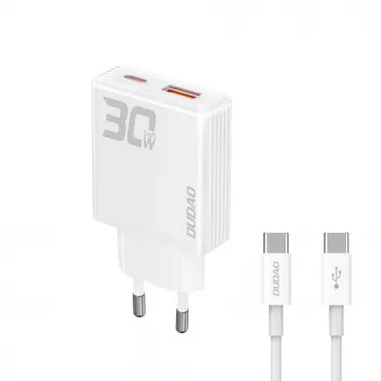 Dudao A30EU GaN 30W USB-C USB-A sieninis įkroviklis su USB-C į USB-C laidu 1m Baltas