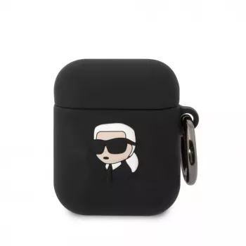 Karl Lagerfeld 3D Logo NFT Karl Head Silikoninis Dėklas, skirtas AirPods 1/2, Juodas