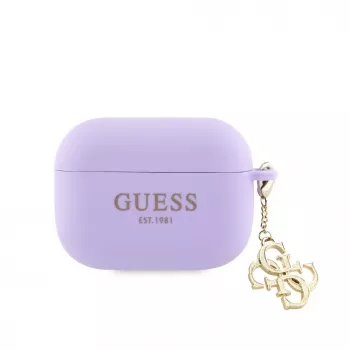 Guess Apple AirPods Pro Dėklas Silikoninis Classic Logo Gold su 4G Charm Violetinis