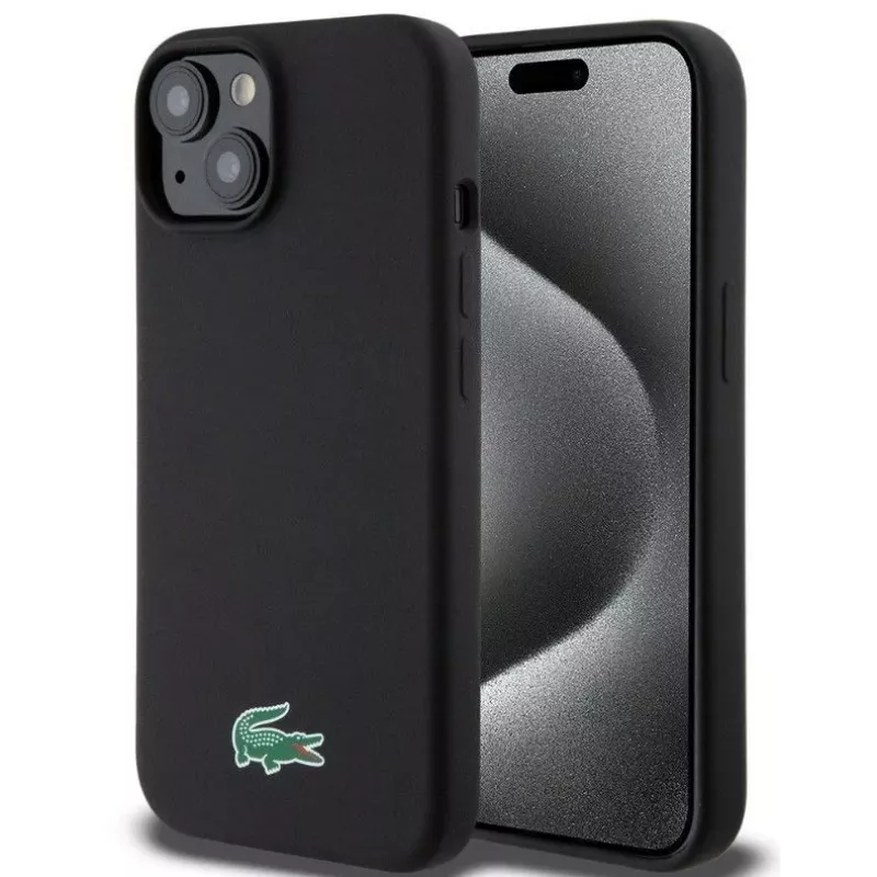 Lacoste Apple iPhone 15 6,1 colio skysto silikono mikropluošto Croc Logotipo Magsafe Nugarinė Dangtelis Juoda