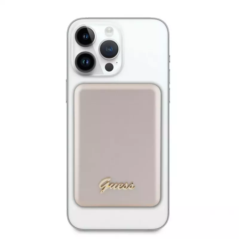 Guess Power Bank 5000mAh 15W MagSafe ir įprastas įkrovimas su metaliniu Script logotipu Auksinis