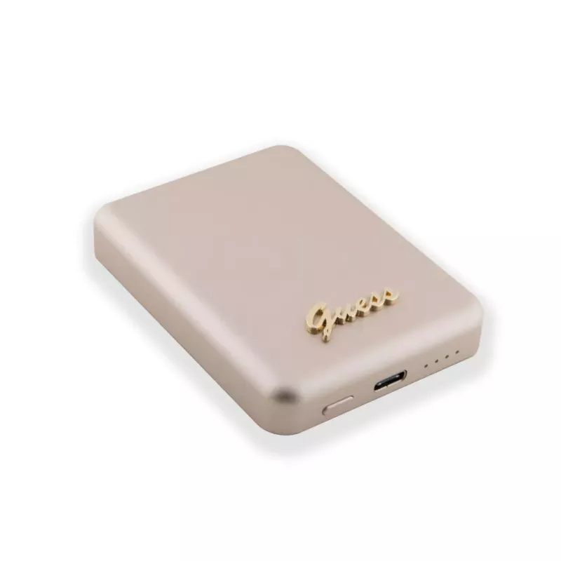 Guess Power Bank 5000mAh 15W MagSafe ir įprastas įkrovimas su metaliniu Script logotipu Auksinis