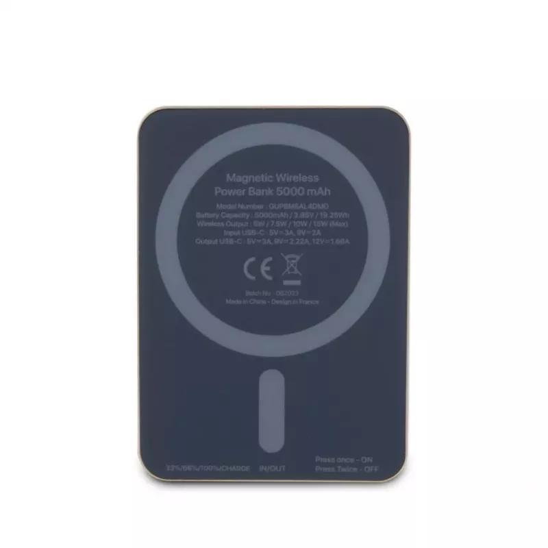 Guess Power Bank 5000mAh 15W MagSafe ir įprastas įkrovimas su metaliniu Script logotipu Auksinis