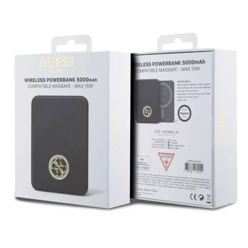 Guess Power Bank 5000mAh 15W MagSafe and Regular Charge with Strassed 4G Logo Black