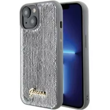 Guess iPhone 15 HC Sequin Script Metal sidabrinis kietas dėklas