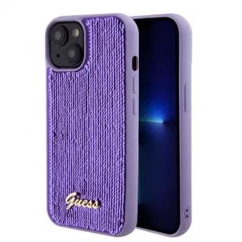 Guess Sequin Script Logo Dėklas, skirtas iPhone 15, Violetinis