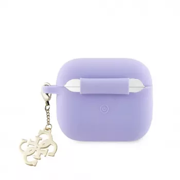 Guess AirPods 3 Dėklas Silikoninis Classic Logo Gold su 4G Pakabuku Violetinis