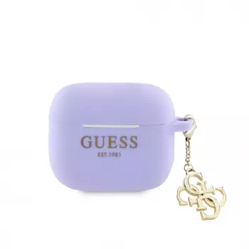 Guess AirPods 3 Dėklas Silikoninis Classic Logo Gold su 4G Pakabuku Violetinis