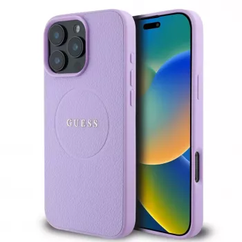 Guess PU Grained Classic Logo MagSafe Dėklas, skirtas iPhone 16 Pro Max, violetinis