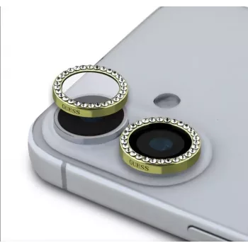 „Guess“ fiksuotas blizgučių apsauginis objektyvas „Apple iPhone 16/16 Plus“ auksinis