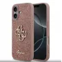 Guess PU Fixed Glitter 4G Metal Logo dėklas, skirtas iPhone 17, rožinis