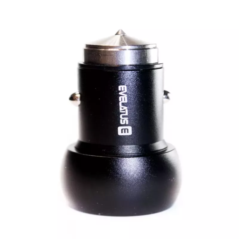 Evelatus EC7DC01 Automobilinis USB įkroviklis 3.1A 2 USB prievadai su nerūdijančio plieno avariniu įrankiu juodas