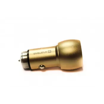 Evelatus ECC01 GOLD Automobilinis įkroviklis 2 USB prievadai 3.1A su nerūdijančio plieno avariniu įrankiu Auksinis