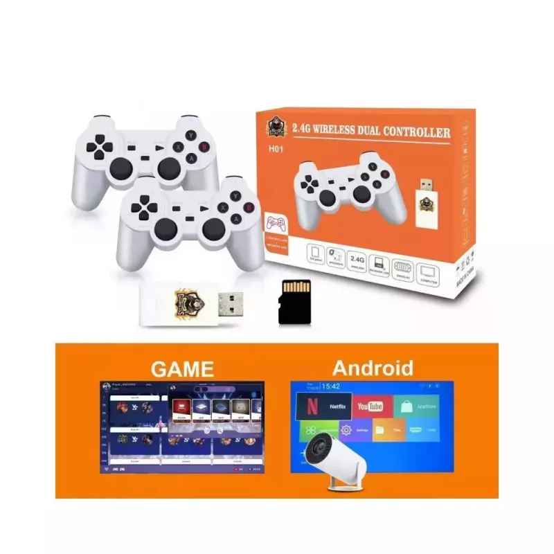 “GameBox HY00 64bit Retro 20K Game 4K HDMI Stick Console / Android Box su 2 belaidžiais valdikliais Baltas”
