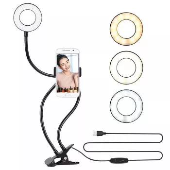 Elight TF Desk Clip Live Stream Selfie 11cm Ring LED Light with 30cm Flexible Tube Phone Holder Black