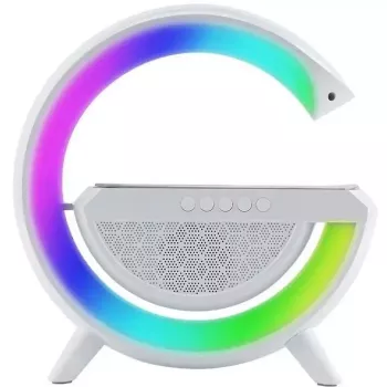 Elight G Shape Speaker Lamp su RGB LED apšvietimu ir belaidžiu išmaniųjų įrenginių įkrovikliu Baltas