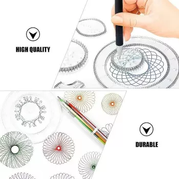 iLike 28 dalių spiralinių piešimo liniuočių rinkinys su krumpliaračiais, rašikliais, A4 popieriumi ir instrukcija, ABS plastikas