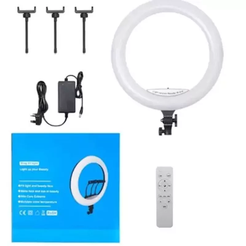 Elight SR18 45cm LED Light Ring su 3x išmaniojo telefono laikikliu + 220V adapteriu + BT nuotolinio valdymo pulteliu Juoda