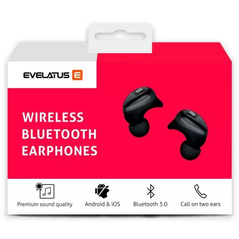 EVELATUS EBE01BK True Wireless Stereo In-Ear Bluetooth 5.0 ausinės su įkrovimo dėklu, IPX4, juodos