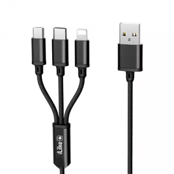 iLike Įkrovimo Laidas 3 viename, USB-A į USB-C/Lightning/Micro USB, Pintas Nailonas, 1,2m, Juodas