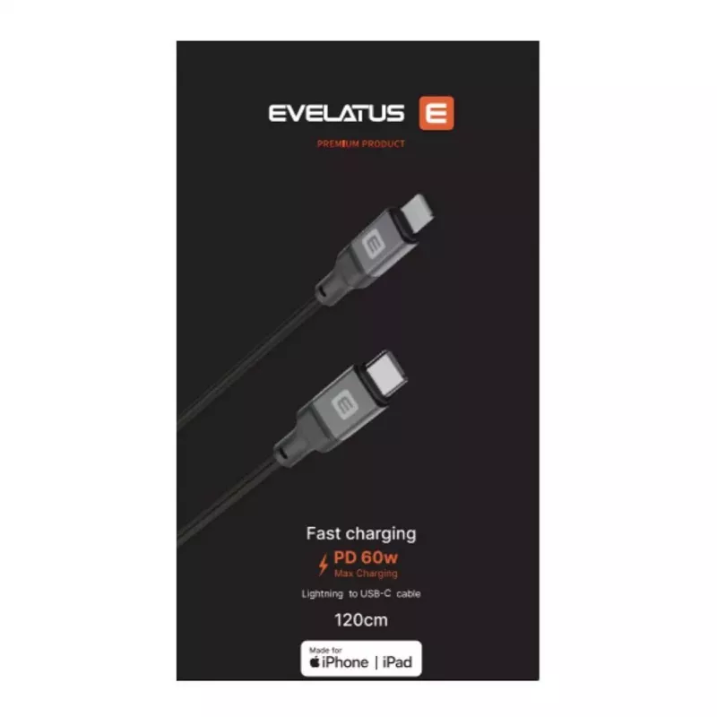 Evelatus USB-C to Lightning laidas 1,2m 60W MFi sertifikuotas pintas nailonas aliuminio korpusas juodas