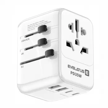 EVELATUS 35W World Travel Adapter su 1 PD USB-C, 2 USB-C, 2 USB-A, Baltas