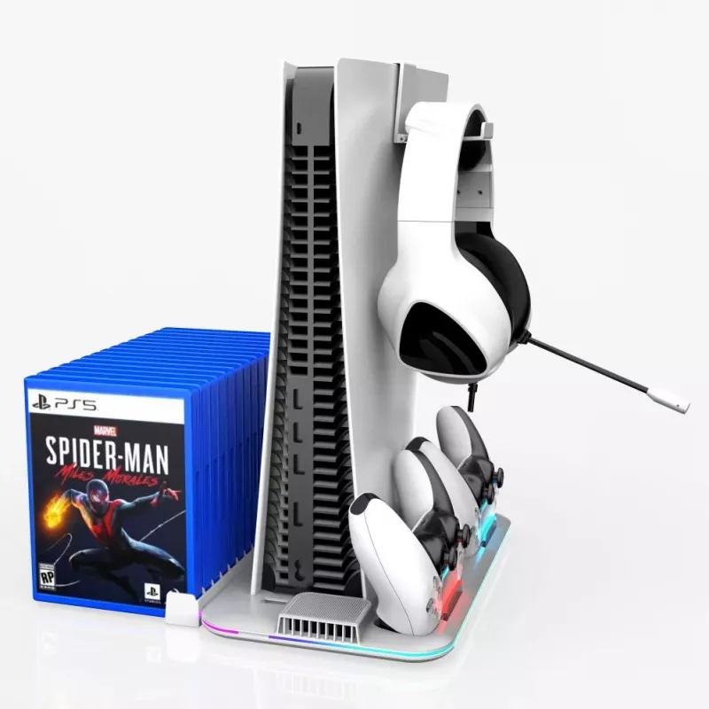 iLike DZ504 Slim Multi Dock Station, skirta PlayStation 5 PS5 valdikliams, su aušinimo ventiliatoriais ir RGB, juoda