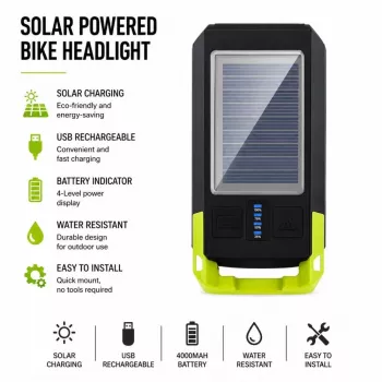 iLike Saulės Energija Varomas Dviračio Priekinis Žibintas su 120dB Garsiniu Signalu, USB Įkraunamas, 1000LM LED Dviračio Priekinė Šviesa, 4000mAh Baterija, Avarinis Įspėjamasis Žibintas