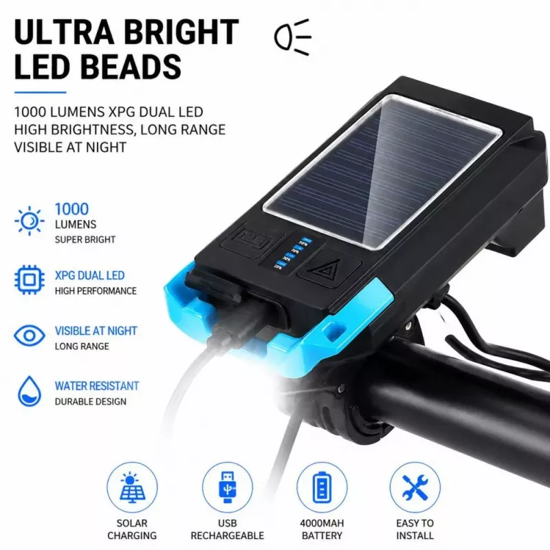 iLike dviračio priekinis žibintas su saulės baterija, 120 dB garso signalu, USB įkrovimu, 1000 LM LED, 4000 mAh baterija, avariniu įspėjamuoju žibintu