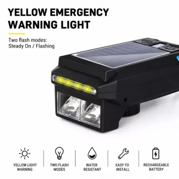 iLike Saulės Energija Varomas Dviračio Priekinis Žibintas su 120dB Garsiniu Signalu, USB Įkraunamas, 1000LM LED Dviračio Priekinė Šviesa, 4000mAh Baterija, Avarinis Įspėjamasis Žibintas