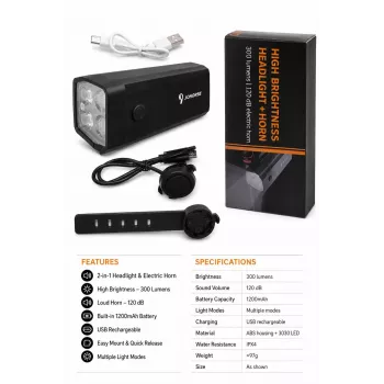 iLike Įkraunamas Dviračio Priekinis Žibintas su 120dB Elektriniu Garsiniu Signalu, 300 Liumenų LED Dviračio Šviesa, USB Įkraunamas, Vairo Nuotolinis Jungiklis