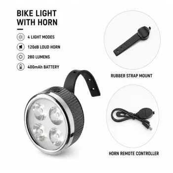iLike Rechargeable Bike Headlight with 120dB Horn, 280 Lumens, 4 Light Modes, USB Rechargeable, Wireless Remote Control