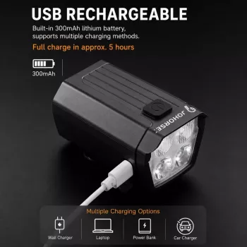 iLike JOHORSE USB Įkraunamas Dviračio Priekinis Žibintas su 120dB Elektriniu Garsiniu Signalu, 300LM 4 LED Dviračio Priekinė Šviesa, 7 Šviesos Režimai, Vairo Nuotolinis Jungiklis, IPX4 Atsparus Vandeniui Juoda