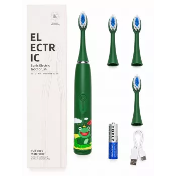 iLike Kids Sonic Electric Toothbrush, Waterproof, 5 Brush Heads (1+4 Replacement Heads), Battery Powered, Soft Bristles, Green Frog Design, Green