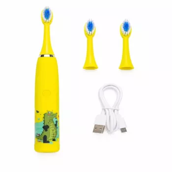 iLike Kids Rechargeable Sonic Electric Toothbrush, USB Charging, 3 Brush Heads (1+2 Replacement Heads), Soft Bristles, Waterproof, Yellow Crocodile Design