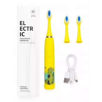 iLike Kids Rechargeable Sonic Electric Toothbrush, USB Charging, 3 Brush Heads (1+2 Replacement Heads), Soft Bristles, Waterproof, Yellow Crocodile Design