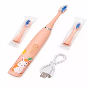 iLike Kids Rechargeable Sonic Electric Toothbrush, USB Charging, 3 Brush Heads (1+2 Replacement Heads), Soft Bristles, Waterproof, Bunny Design, Pink