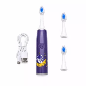 iLike Kids Rechargeable Sonic Electric Toothbrush, USB Charging, 3 Brush Heads (1+2 Replacement Heads), Soft Bristles, Waterproof, Space Astronaut Design Purple