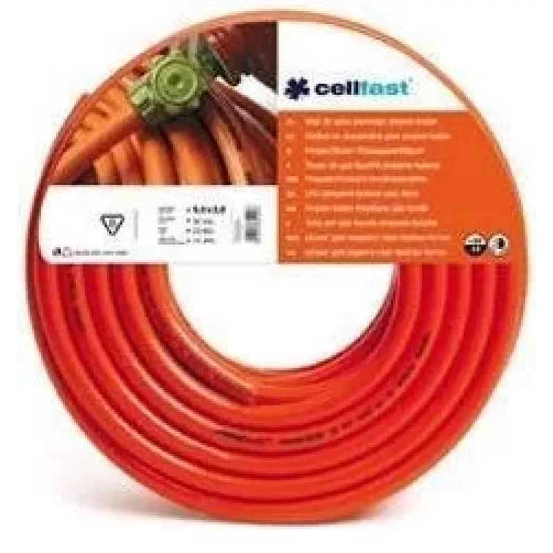 CELLFAST LPG dujų žarna 9mm x 60m ant stovo – propanui-butanui, oranžinė, PVC su tekstiliniu armavimu, 20 bar