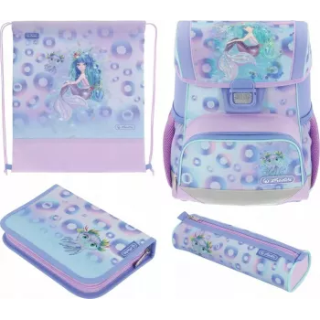 Herlitz Loop Plus Mystic Mermaid mokyklinė kuprinė su komplektu - 4 dalių (kuprinė, užpildytas penalas, penalas, sportinis krepšys) - 17L - unisex - pradinei mokyklai