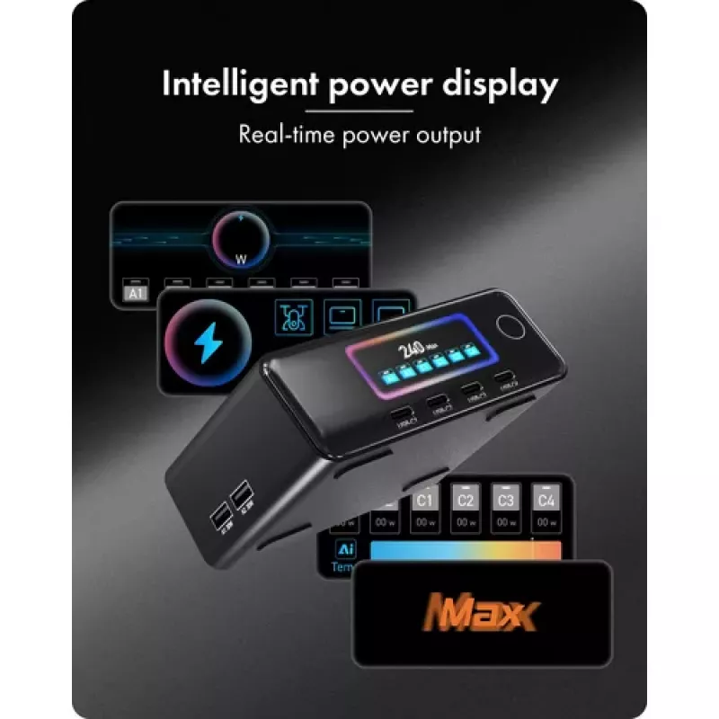 ICY BOX IB-PS2401 Diamond Charge 2401 GaN įkrovimo stotis su LCD ekranu, 240 W