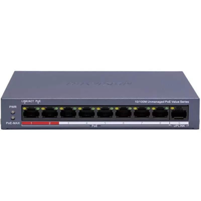 Hikvision DS-3E0109P-E/M(C) 9-Portų Fast Ethernet PoE komutatorius, 8 PoE prievadai, 65W biudžetas, nevaldomas