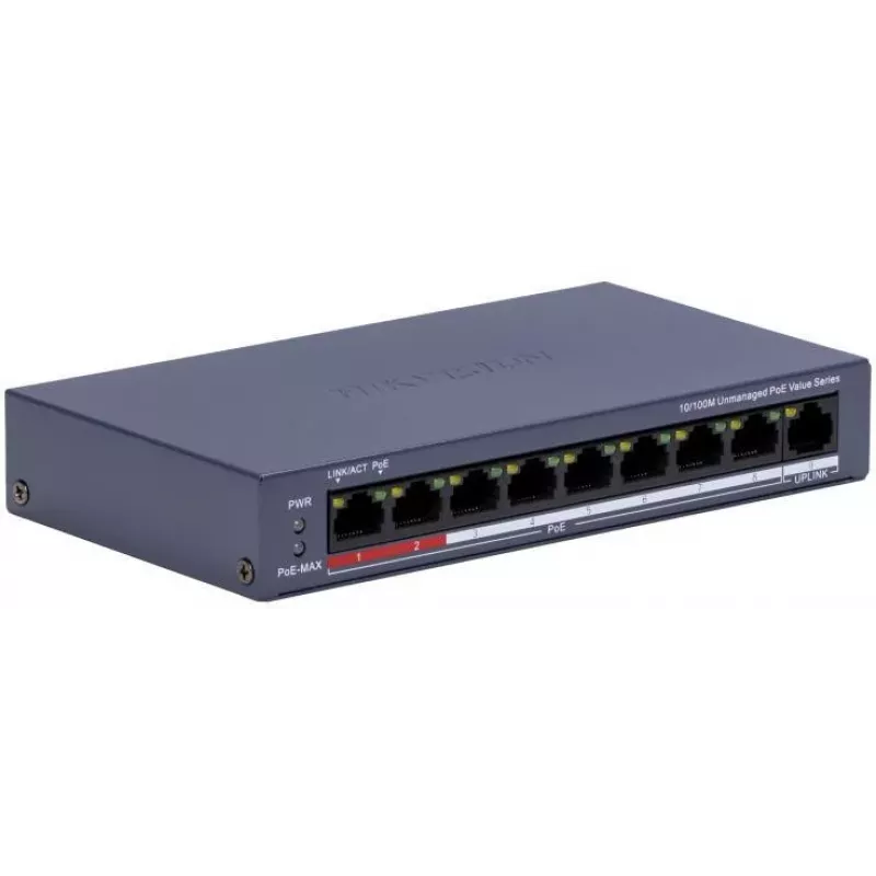 Hikvision DS-3E0109P-E/M(C) 9-Portų Fast Ethernet PoE komutatorius, 8 PoE prievadai, 65W biudžetas, nevaldomas