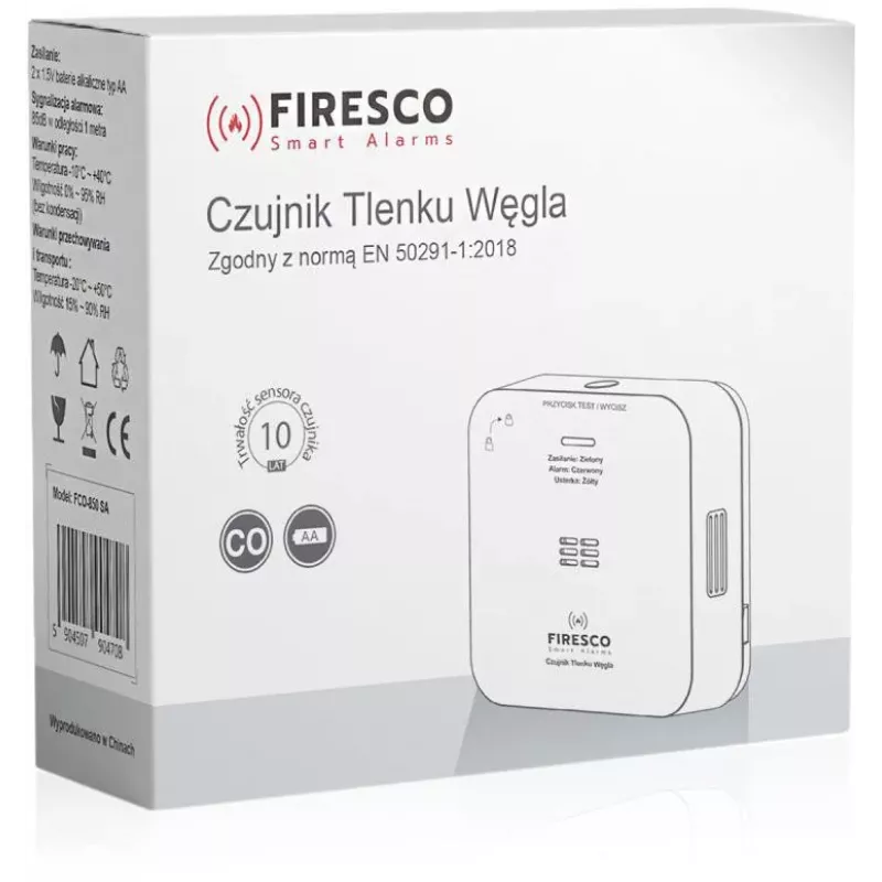 FIRESCO FCO-850 SA anglies monoksido detektorius su LCD ekranu, 10 metų tarnavimo laikas