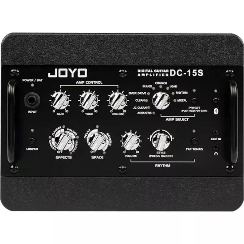 JYO JOYO DC-15S 15W gitarinis stiprintuvas su Bluetooth, įkraunama baterija, 9 stiprintuvų modeliais, 6 efektais, būgnų mašina, looperiu, derintuvu